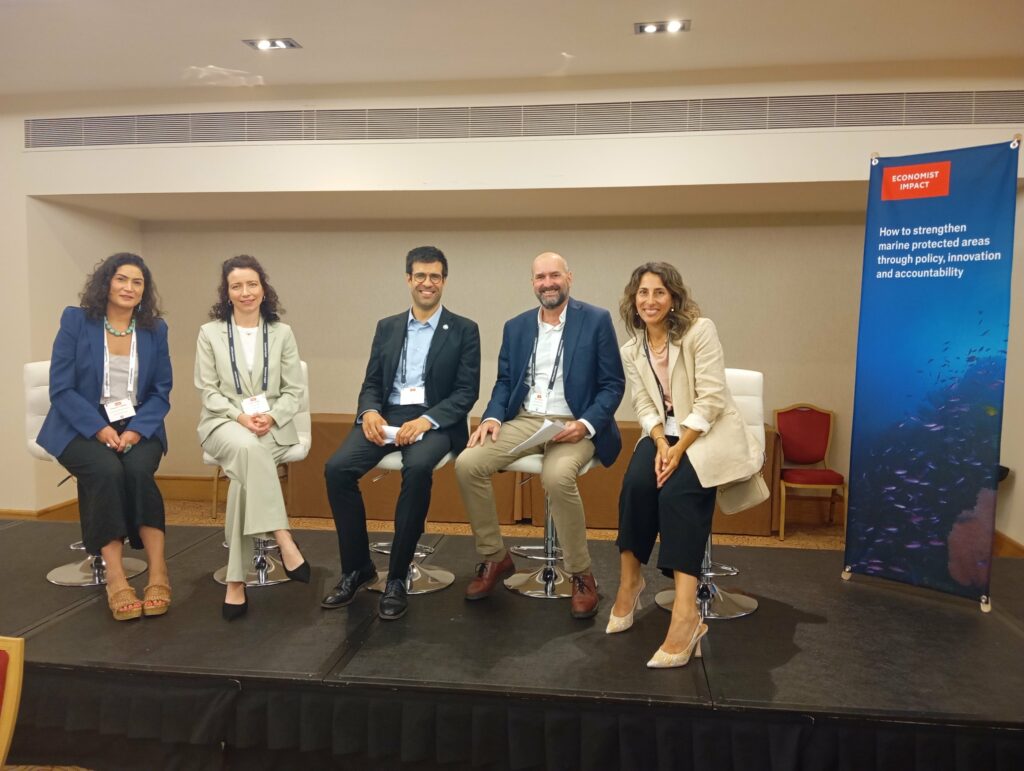 Panel discussion at the World Ocean Summit Europe in Cascais, organised by The Economist Impact, featuring five speakers during the session “How to strengthen marine protected areas through policy, innovation and accountability.”
